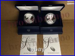 2014 W + 2015 W American Eagle One Ounce SILVER PROOF 1 Oz Box & COA 2 Coins