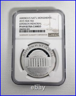 2015 Niue $2 Jefferson Memorial NGC PF69 UCAM 1 oz Silver Proof Box & COA