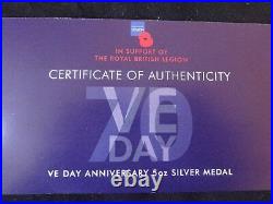 2015 SILVER PROOF 5OZ COIN MEDAL BOX + COA 70th ANNIVERSARY OF VE-DAY 1/450