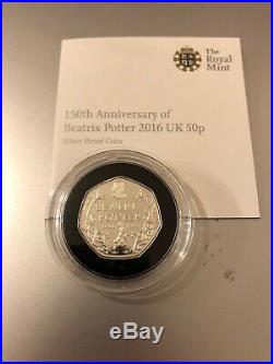 2016 Beatrix Potter 150th Anniversary 50p Fifty Pence Silver Proof Coa Box
