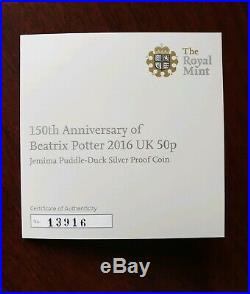 2016 Beatrix Potter Jemima Puddle-Duck Silver Proof 50p coin Boxed With COA