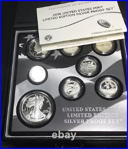 2016 US MINT LIMITED EDITION SILVER PROOF SET SPOT FREE 8 COIN with BOX & COA