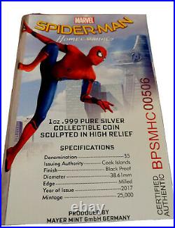 2017 $5 S Spiderman Homecoming Black Proof PCGS PR70DCAM FDI WithBox & COA