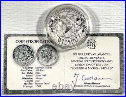 2017 Solomon Islands $5 Legends & Myths Wizard 2 oz Silver Reverse Proof Box&COA