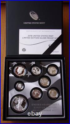 2018 Us Mint Limited Edition Silver Proof Set 8 Coin Set Box & Coa