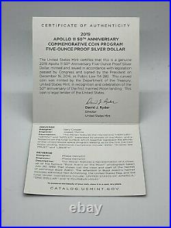 2019 P Apollo 11 50th Anniversary 5 ounce Silver Proof One Dollar, Box & COA