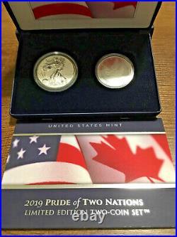2019 Pride of Two Nations Silver 2pc. U. S. Set Box OGP & COA Reverse Proof Eagle