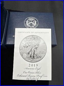 2019-S 19XE Enhanced Reverse Proof Silver Eagle with Blue Boxes & Numbered COA