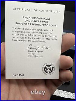 2019-S 19XE Enhanced Reverse Proof Silver Eagle with Blue Boxes & Numbered COA