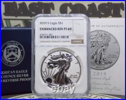 2019 S Enhanced Reverse PROOF American Silver Eagle $1 NGC PF69 #001 Box & COA