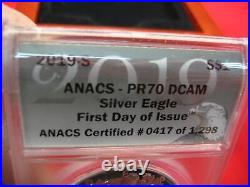 2019 S PROOF SILVER EAGLE ANACS PF70 DCAM FIRST DAY OF ISSUE WithFANCY BOX