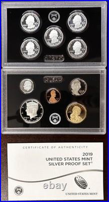 2019 S United States Mint Silver Proof Set 10 Coins OGP Box COA 99.9% Silver
