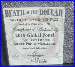 2019 Silver Shield Global Ponzi 1 oz. 999 silver proof Minimintage withCOA & Box