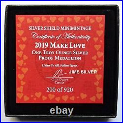 2019 Silver Shield MAKE LOVE 1 oz Silver PROOF with COA #200 & BOX! 920 Mintage