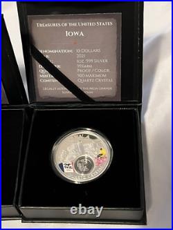 2021 1 oz Silver Proof US Treasures Iowa Quartz Colorized Limited 500 COA & Box