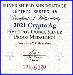 2021 5oz Proof Silver Shield Crypto AG Medallion with Box/COA #10252