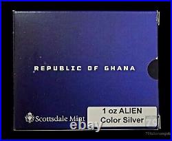 2021 Ghana Alien Colorized UV Silver Proof 1 oz Coin Box & COA #778/1000 RARE