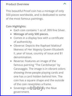 2021 Niue Caravaggio The Cardsharps 1 oz Silver Proof BOX/COA Mintage 500