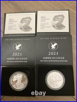 2021 Silver Eagle Type 2 Proof & Uncirculated Total Of 2 Coins Box & COA