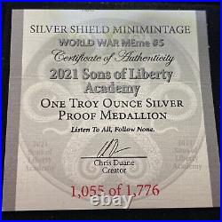 2021 Silver Shield SONS OF LIBERTY ACADEMY 1 oz Silver PROOF with COA & BOX! RARE