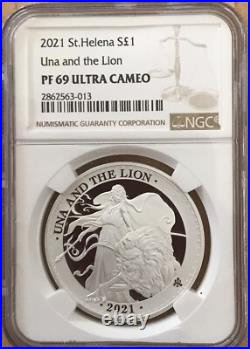 2021 St. Helena Una and The Lion 1 oz Silver Proof BOX COA NGC PF69