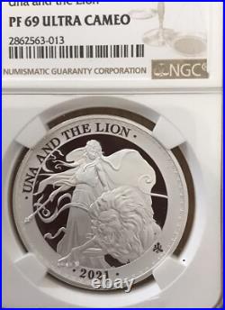2021 St. Helena Una and The Lion 1 oz Silver Proof BOX COA NGC PF69