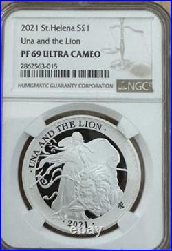 2021 St Helena Una and The Lion 1 oz Silver Proof NGC PF69 BOX COA SPOTTED