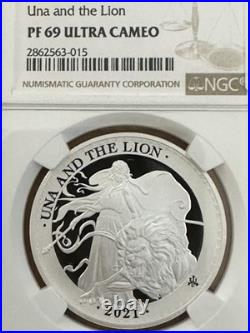 2021 St Helena Una and The Lion 1 oz Silver Proof NGC PF69 BOX COA SPOTTED