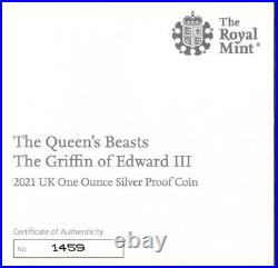 2021 UK The Queen's Beasts The Griffin of Edward III 1 oz Silver Proof COA & Box
