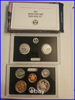 2021 U. S. Mint Silver Proof Set 7 Coins 99.9% Silver Quarters Half Box COA