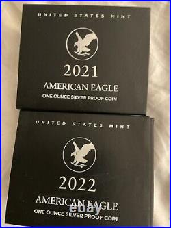 2021-W & 2022- W Silver Eagle Type 2 Silver Proof Eagle Set With Box And COA Set