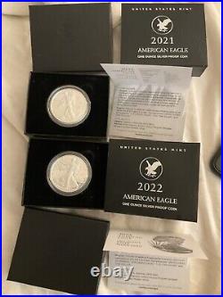 2021-W & 2022- W Silver Eagle Type 2 Silver Proof Eagle Set With Box And COA Set