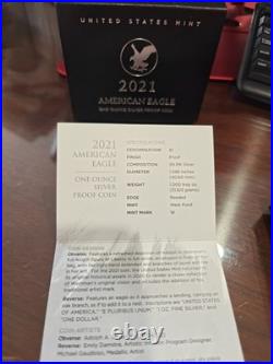 2021 W Proof American Silver Eagle Dollar with COA US Mint Box, Type 2