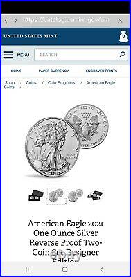 2021-w Type 1 & 2 Proof Silver Eagle (2) Coin Set In Display Box