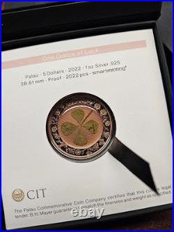 2022 1 oz Silver. 925 Republic of Palau $5 Four-Leaf Clover Proof Coin Box/COA