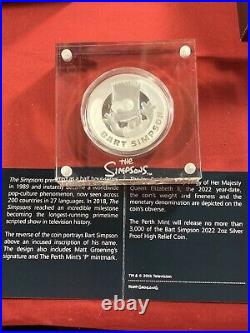 2022 Tuvalu Bart Simpson 2 oz HIGH RELIEF Silver Proof With Perth Mint Box & COA