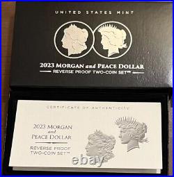 2023 S Reverse Proof $1 Morgan and Peace Silver Dollar 2pc Set Box, OGP & COA