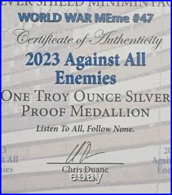 2023 Silver Shield. AGAINST ALL ENEMIES 1oz. 999 Silver Proof Coa N Box Rare