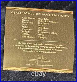 2024 Oglala Lacota Sioux Nation $1 1-oz Silver Story Teller Proof, box, COA 2024 Oglala Lacota Sioux Nation $1 1-oz Silver Story Teller Proof, box, COA
