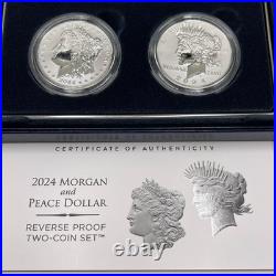 2024 S US MORGAN & PEACE. 999 SILVER DOLLAR REVERSE PROOF TWO COIN SET WithCOA BOX