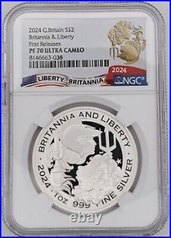 2024 UK Britannia and Liberty 1 oz Silver Proof FIRST RELEASE Box COA NGC PF70 2024 UK Britannia and Liberty 1 oz Silver Proof FIRST RELEASE Box COA NGC PF70