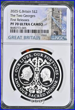 2025 Great Britain The Two Georges 1 oz Silver Proof BOX COA First Rel NGC PF70