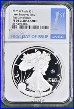 2025-W Proof Silver Eagle Laser Privy NGC PF70 First Day of Issue with Box&COA