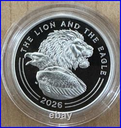 2026 UK Lion and Eagle 1 oz Silver Proof BOX COA BETH ZAIKEN Mintage 1500