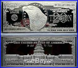 $20 TRILLION PROOF 4oz SILVER CURRENCY BAR IN VELVET DISPLAY BOX 2.5 x 6 + COA