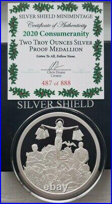 2 Oz. 999 Pure Silver Shield Proof Consumeranity Mini Mintage Round Coin Box Coa