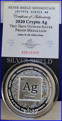 2 Oz. 999 Pure Silver Shield Proof Crypto Ag Mini Mintage Round Coin Box Coa