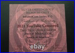 2 oz silver proof Youtube Censored 2021.999 Pure Fine COA Box Silver Shield