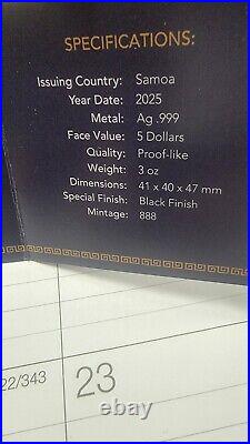 3 D SNAKE 3 Oz SILVER PROOF LIKE Samoa 2025 BLACK FINISH PHENOMENAL BOX & COA