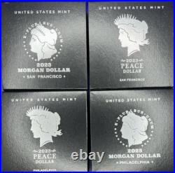 4 Coin Set 2023 Morgan & Peace Silver Dollars Unc & Proof OGP BOX COA. 9999